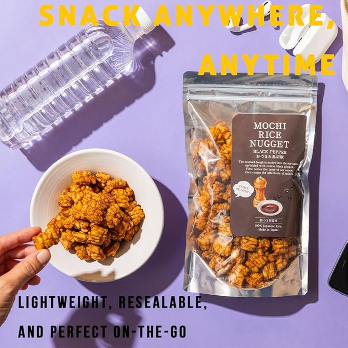 Mochi Rice Nuggets ??Black Pepper Soy Flavor, Spicy Japanese Rice Crackers, 140g (4.9oz) NON-GMO