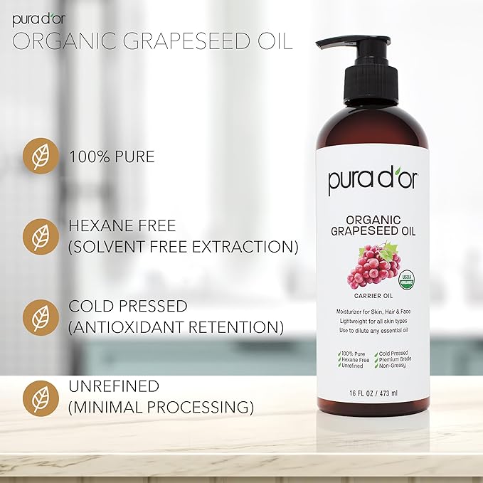 PURA D'OR 16 Oz Organic Grapeseed Oil - 100% Pure & Natural USDA Certified Cold Pressed Carrier Oil
