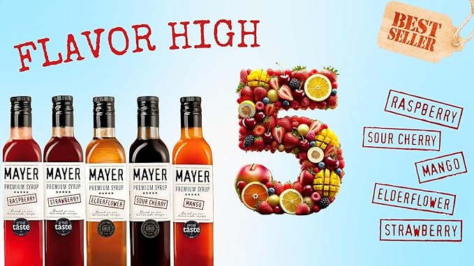 Mayer Hungarian Syrup 5-Flavor Variety Pack ??Award-Winning Artisan Fruit Syrups (Raspberry, Mango