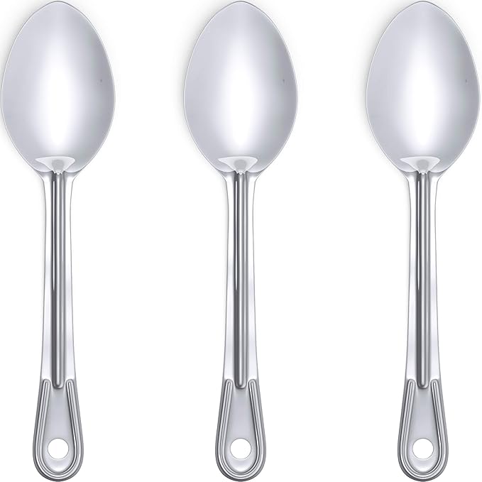 Super Strong, Ergonomic 11 in Serving Spoon 3 Pk. Big, Stainless Steel Spoons for Cooking, Baking