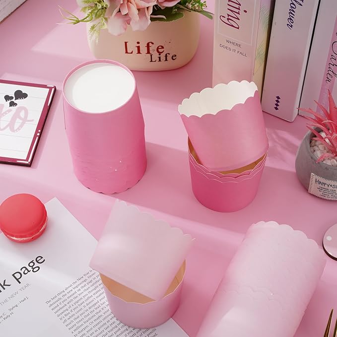 Whaline 120Pcs Pink Paper Baking Cups Scalloped Edge Cupcake Wrappers Gradient Pink Cupcake Muffin