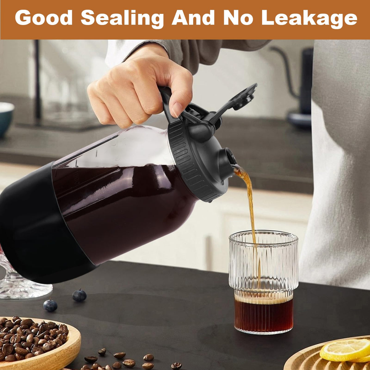 Cold Brew Coffee Maker, 64oz Mason Jar Pitcher with Stainless Steel Filter, Leak-Proof Lid with