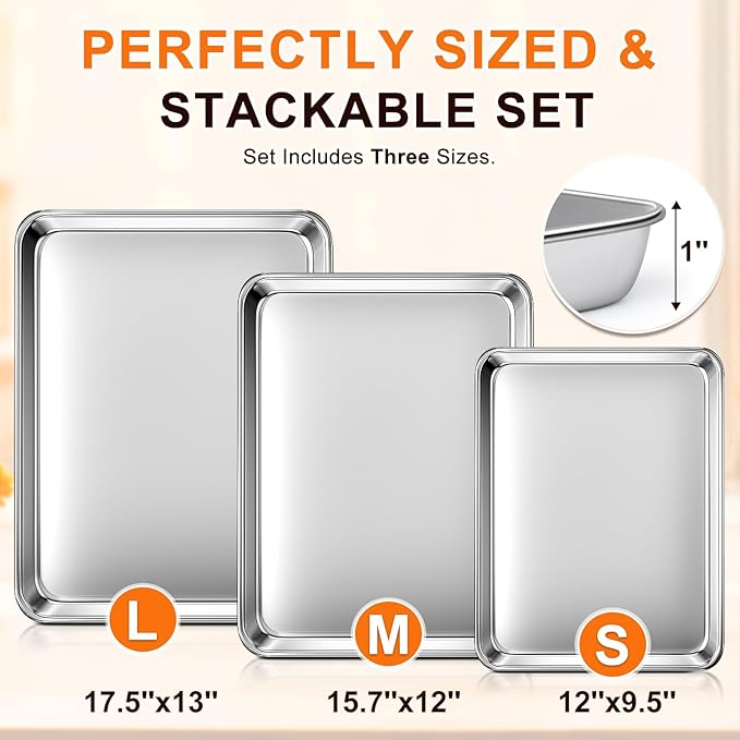 Baking Sheet Set of 3, Commercial Grade Stainless Steel Cookie Sheets for Baking, 12/16/17.5 Inch
