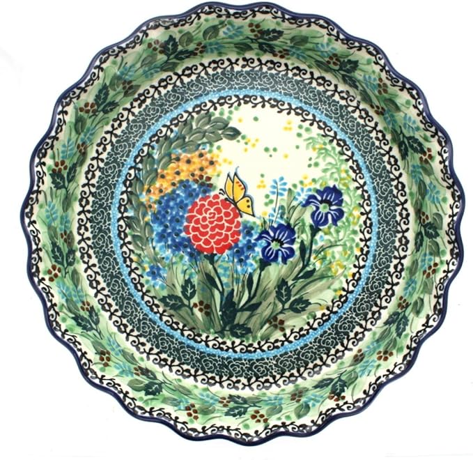 Blue Rose Polish Pottery - Blue Teresa Pie Plate - 10" Diameter - Ceramic Baking Dish, For Pies