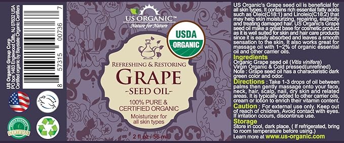 US Organic Grape Seed Oil, USDA Certified Organic, 100% Pure & Natural, Cold Pressed Virgin