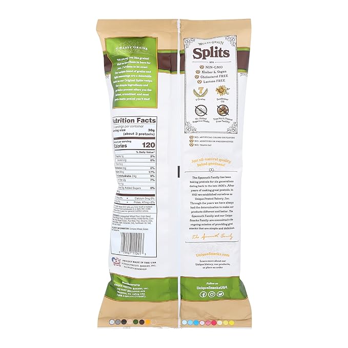 Unique Snacks Multi-Grain Splits Pretzel, Delicious Homestyle Baked Snack Bag, Vegan, OU Kosher