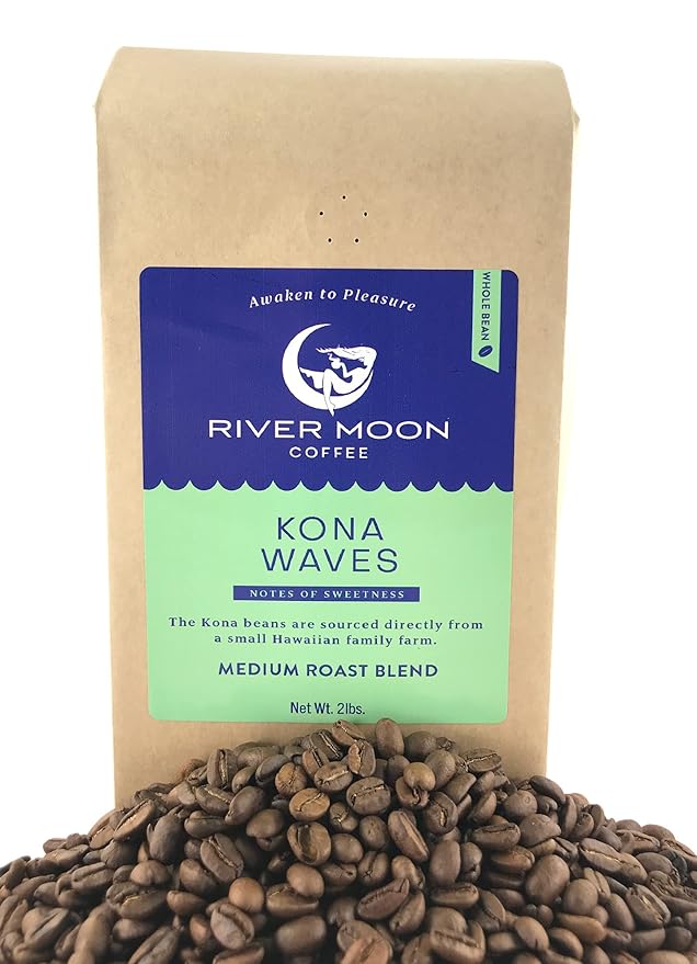 River Moon Coffee, Kona Coffee Whole Bean, Medium Roast, 2 lbs, Kona Waves Hawaiian Blend