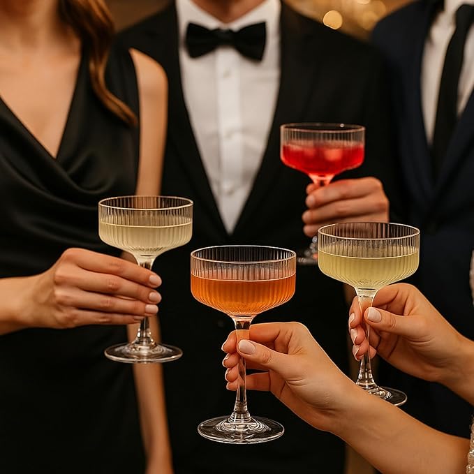 Vintage 4 Pcs Ribbed Coupe Glasses, 11 oz 100% Crystal Coupe Glass Set, Unique Martini Glass