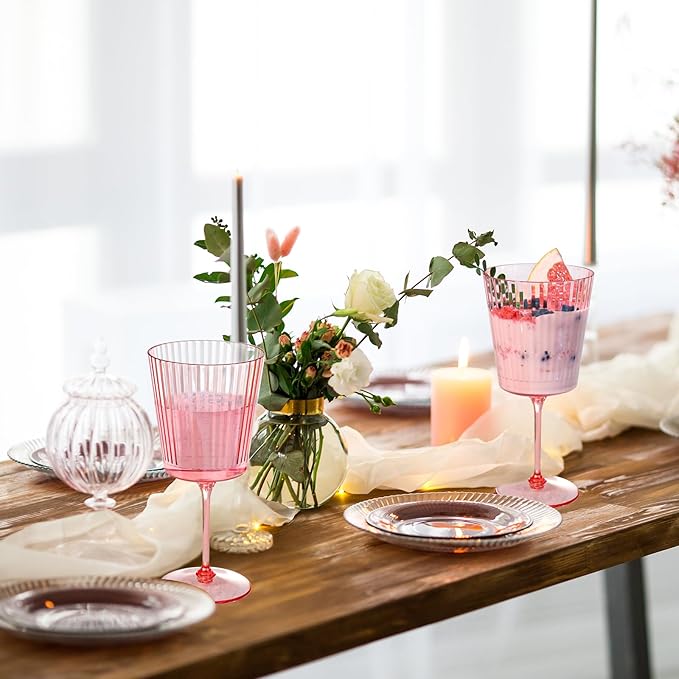48 PCS Pink Plastic Wine Glasses with Removable Stems 13.5 Oz Pink Ribbed Wine Glasses Square White