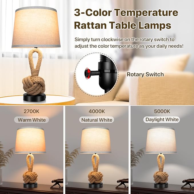 22" Rope Lamps for Night Stands, Bedside Lamps Set of 2, Boho Table Lamps for Living Room End