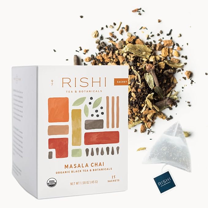 Rishi Tea Masala Chai Black Sachet Tea Bag Blend - Organic, Assam with Whole Spices, Energizing &