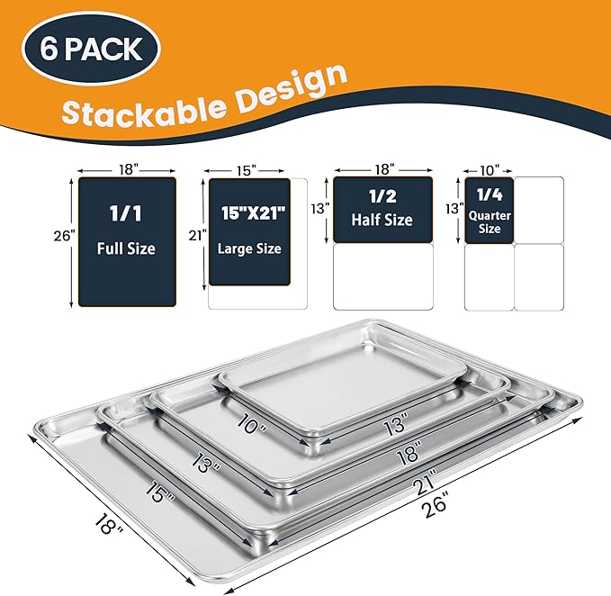 6 Pack Quarter Size Baking Sheet Pan, Aluminum Commercial Cookie Sheet Pan, Durable & Anti-Stick