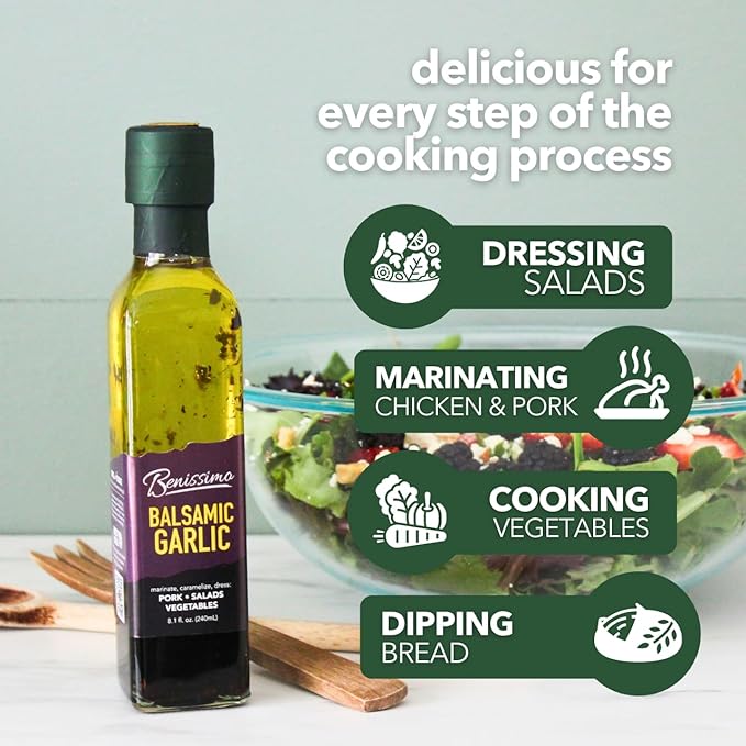 Benissimo Balsamic Garlic Herb Infused Oil & Vinegar Blend, All Natural Gourmet Blend with Bold