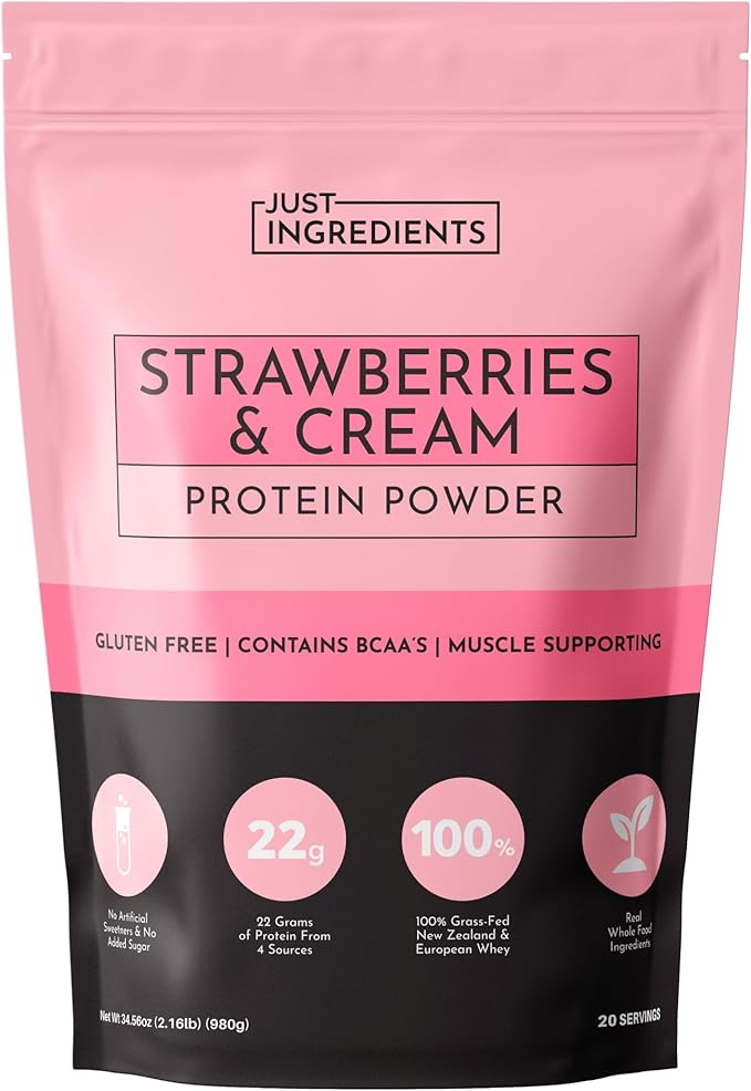 JUST INGREDIENTS Strawberries & Cream Protein Powder ??20-Serving Blend with 100% Grass-Fed Whey &
