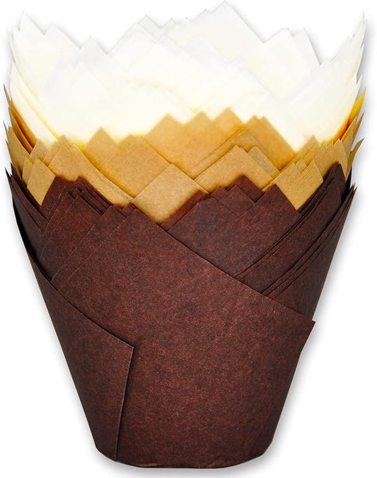 (JUMBO EXTRA LARGE size) Natural+Brown+White Tulip Baking Cups 2-1/4"(Base diameter) x 3-3/4"(Wall