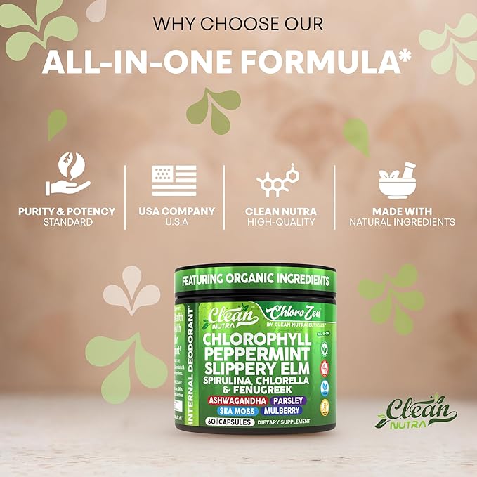 Clean Nutra Chlorophyll Peppermint Slippery Elm Spirulina Chlorella Fenugreek Ashwagandha Sea Moss