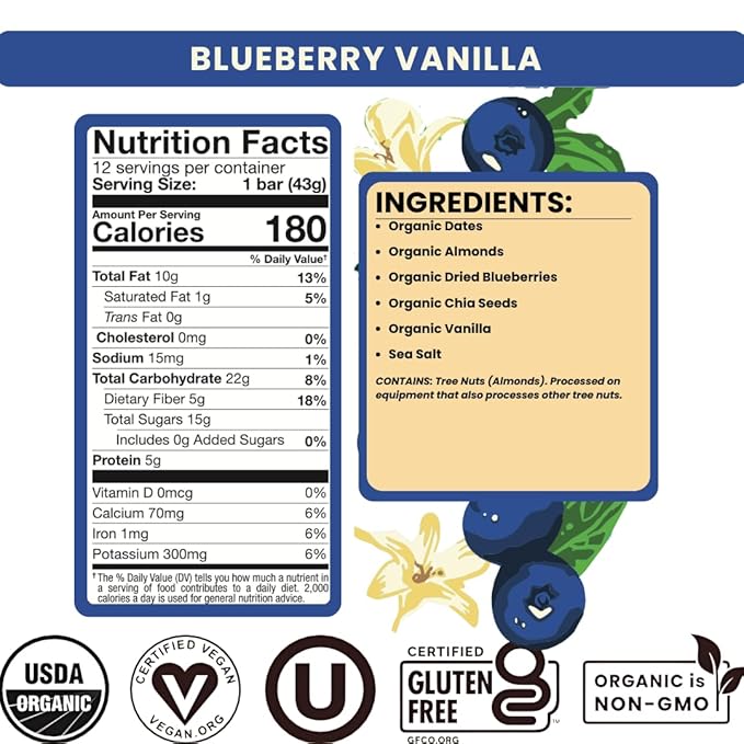 Bearded Brothers, Organic Vegan Protein Energy Bars, Blueberry Vanilla (12 Pack) - Gluten Free