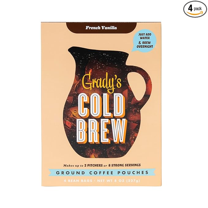 GRADY’S COLD BREW, French Vanilla, 100% Arabica Ground Coffee & Chicory Pouches, ONE Box with 4