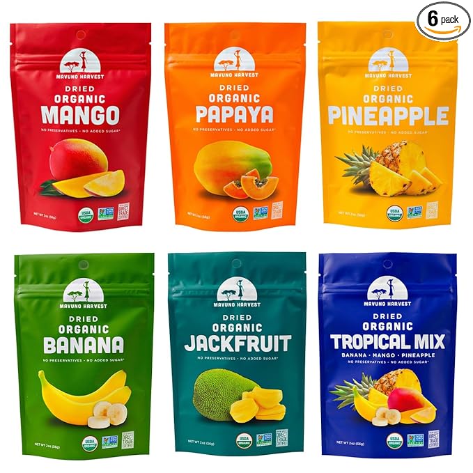Mavuno Harvest Organic Dried Fruit Variety Pack | Dried Mango, Papaya, Pineapple, Banana