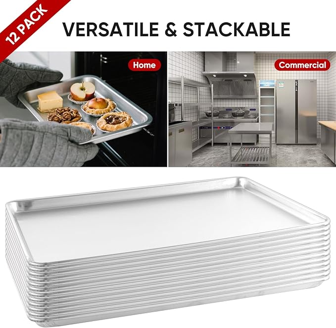 TENUP 12 Pack Aluminum Full Sheet Pan, 26" x 18" Heavy Duty Commercial Baking Tray Reinforced Rim