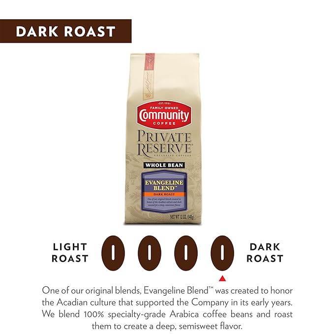 Community Coffee Private Reserve Evangeline Blend Whole Bean Coffee, Dark Roast, 32 Ounce Bag (Pack