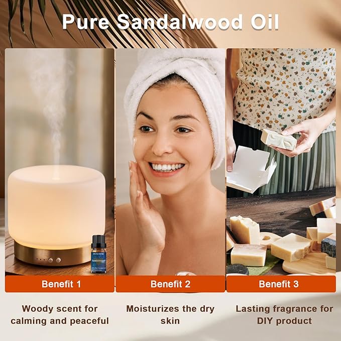 BURIBURI Sandalwood Essential Oils for Diffuser, Skin, Hair, 100% Pure, Fragrance Oil for Candle
