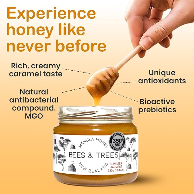 Bees & Trees Manuka Honey 350+ MGO – Pure New Zealand Raw Monofloral Honey – Unpasteurized &