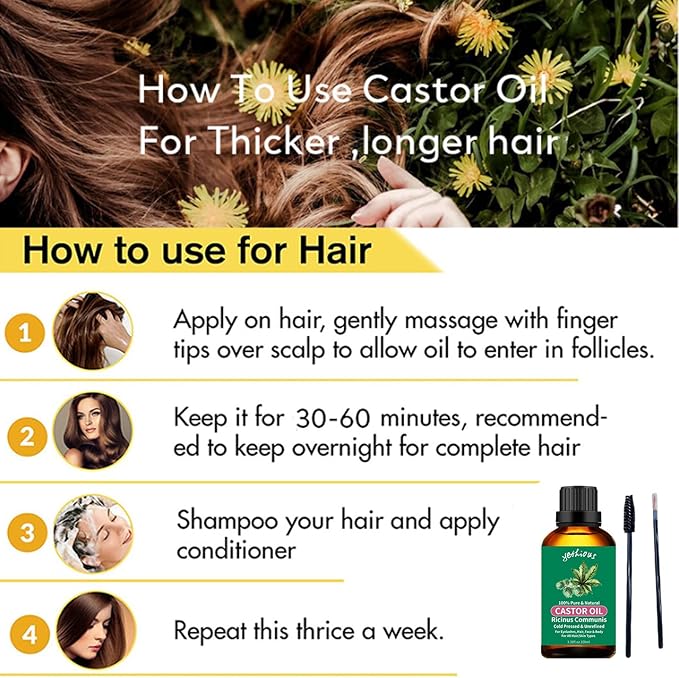 yethious Castor Oil Organic Cold Pressed Unrefined Growth for Eyelashes, Eyebrows, Hair. Skin