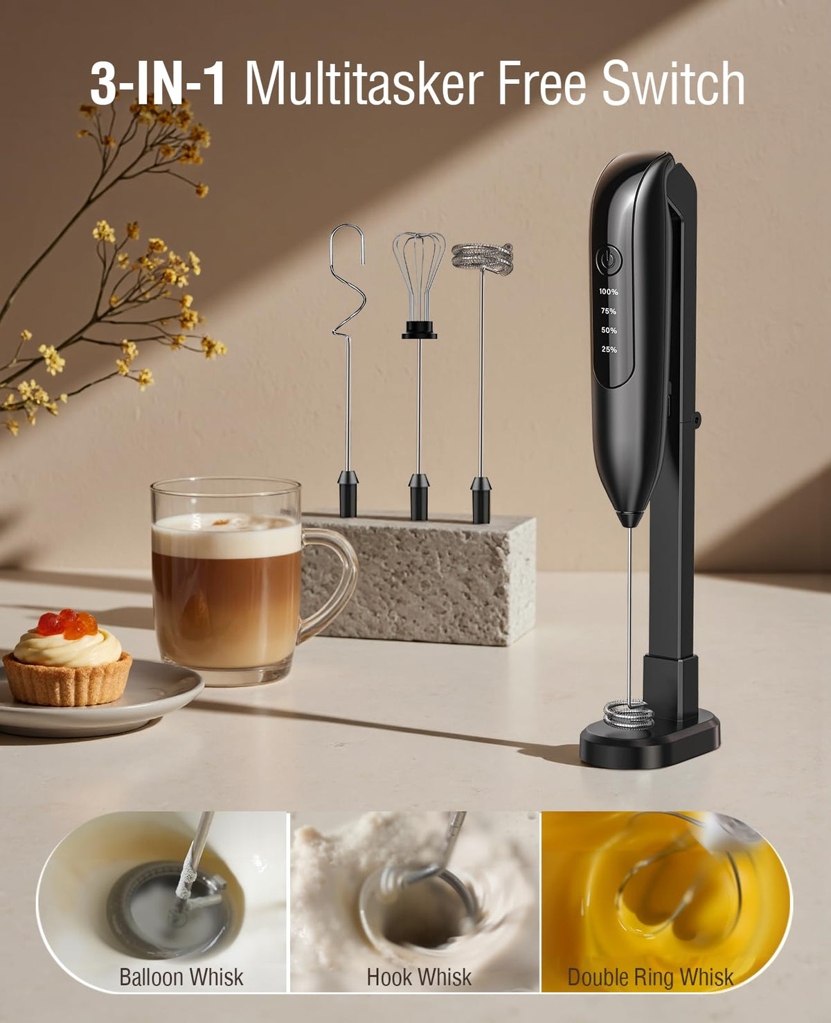 yidianideals Electric Milk Frother: LED&Wireless Charging, 3 Heads 3 Speeds