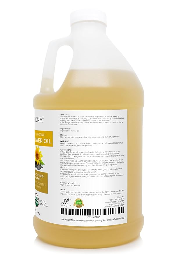 velona USDA Certified Organic Sunflower Oil - 64 Fl Oz | 100% Pure and Natural Carrier Oil | High