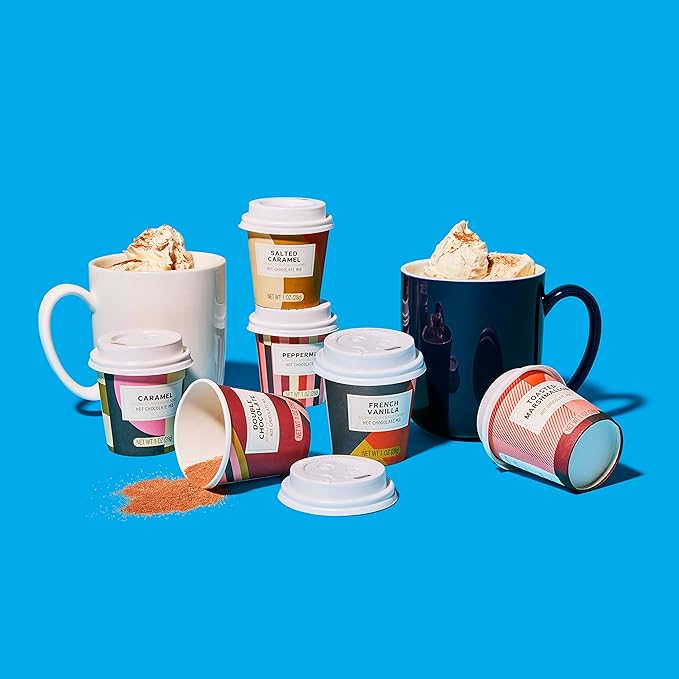 Bombombs Hot Chocolate Mix Gift Set in Mini Cup Packaging, Flavors Include Double Chocolate, French