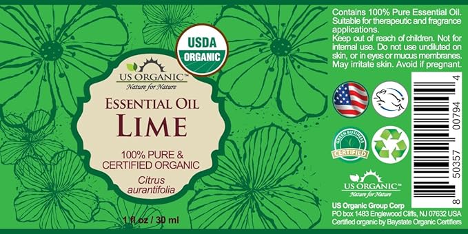 US Organic Lime Essential Oil - Certified Organic, Steam Distilled - W/Euro droppers (More Size