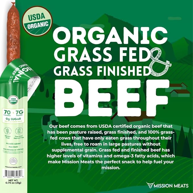 Mission Meats 100% Certified Organic Beef Sticks – Pasture-Raised, Zero Sugar, Non-GMO, Healthy