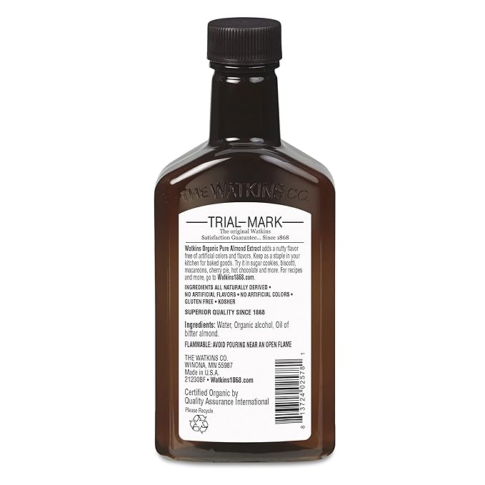 Watkins Organic Pure Almond Extract, Non-GMO, Kosher, 4 oz. Bottle, 1-Pack