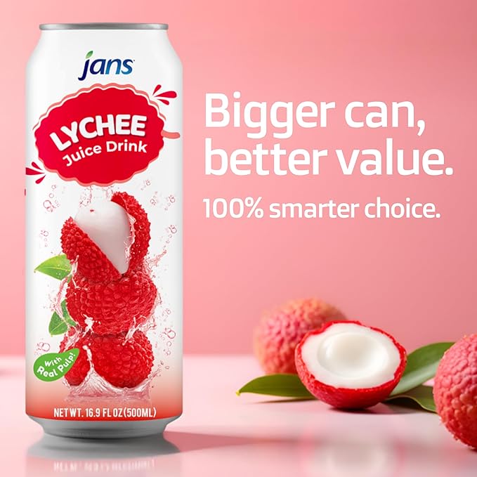 Jans Tropical Lychee Juice Drink with 100% Real Lychee Jelly (12-Pack,16.9 Fl Oz Canned) - Superior