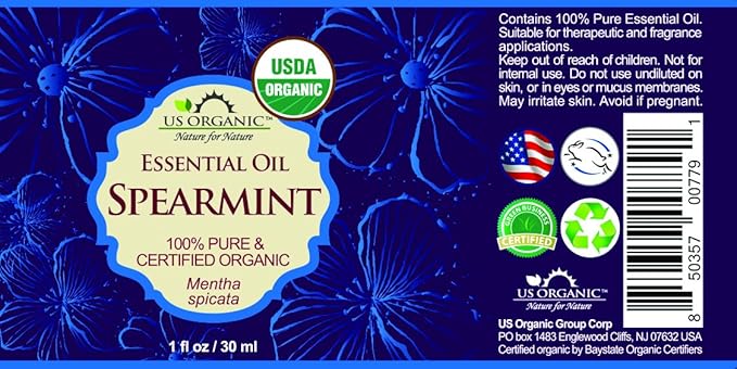 US Organic 100% Pure Spearmint Essential Oil - USDA Certified Organic, Steam Distilled - W/Euro