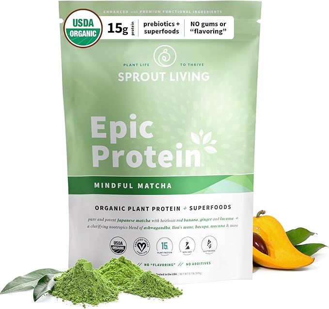 Sprout Living Epic Protein, Plant Based Protein & Superfoods Powder, Mindful Matcha | 17 Grams