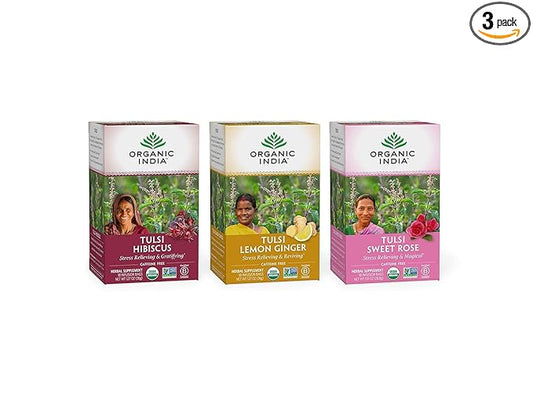 Organic India Iced Tulsi Tea Bags Variety Pack - Assorted Tea, Holy Basil, Hibiscus, Lemon Ginger