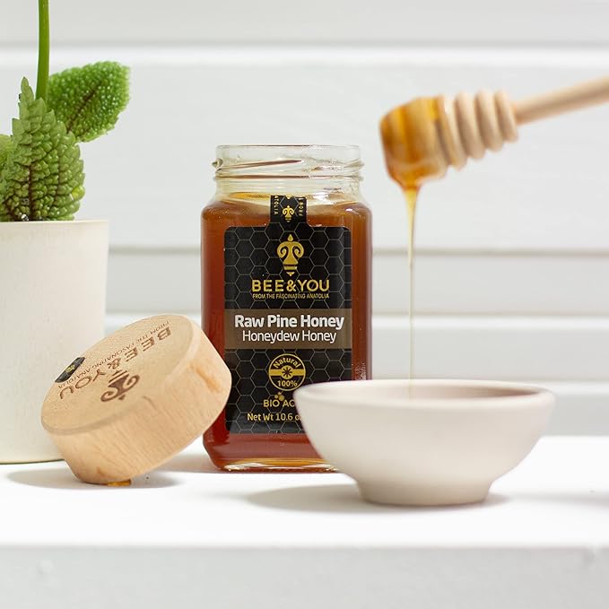 BEE and YOU Pine Raw Honey, Honeydew Honey, Wild-crafted, 100% Natural, Unprocessed, Enzymes