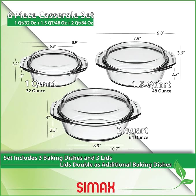Simax Casserole Dish Set with Lid, Round Glass Cookware, Borosilicate Glass, Made In Europe 1 Qt