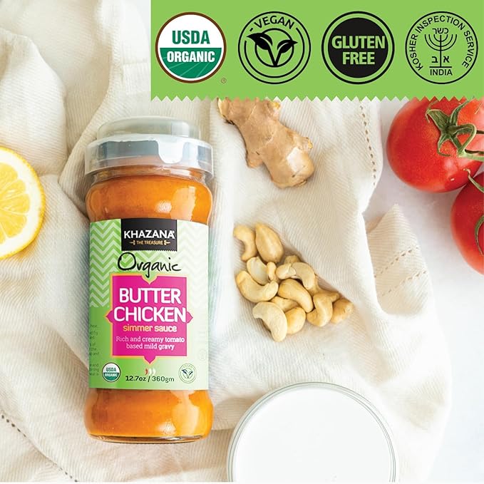 Khazana ORGANIC Butter Chicken Simmer Sauce - 6 x 12.7oz Jars | Non-GMO, Vegan, Gluten-Free, Kosher