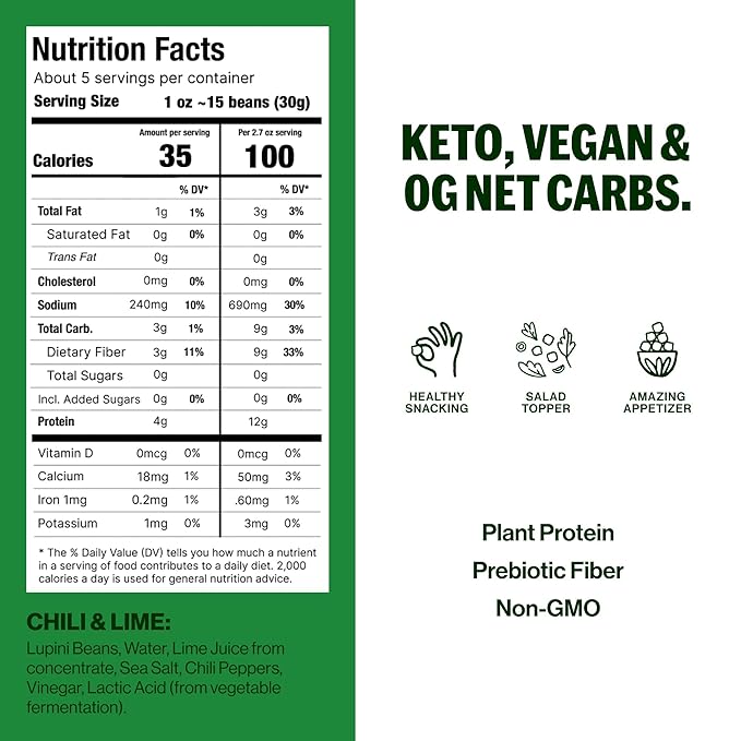 BRAMI Lupini Beans Snack, Chili & Lime | 7g Plant Protein, 0g Net Carbs | Vegan, Vegetarian, Keto