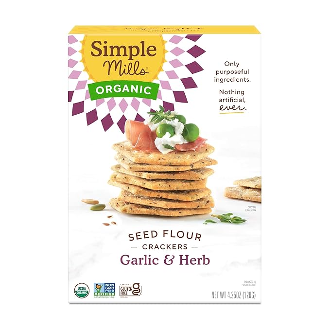 Simple Mills Organic Seed Crackers, Garlic & Herb - Gluten Free, Vegan, Healthy Snacks, Paleo