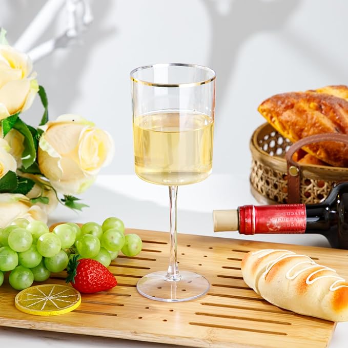 Ciaell 12 Pack Plastic Wine Glasses - 10 Oz Plastic Wine Glasses with Stem - Gold Rim Disposable