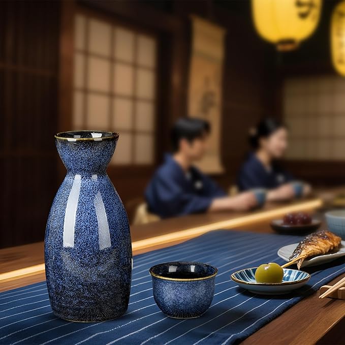 DUJUST 5 pcs Japanese Sake Set, Kiln Altered Glaze Porcelain Sake Set, 1 Bottle, 4 Cups & 1 Gift