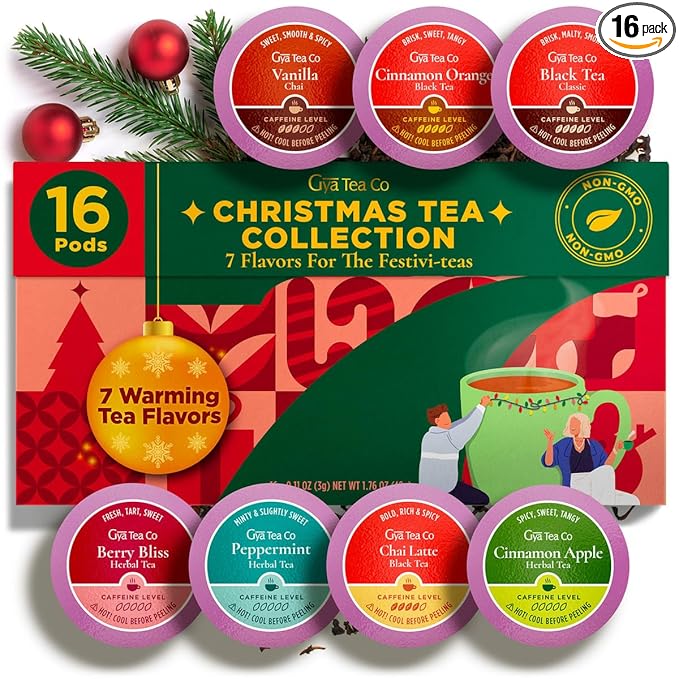 Gya Tea Co Christmas Collection Tea Gift Set (16 ct) - Assorted Tea Pod Variety Pack with 7 Warm