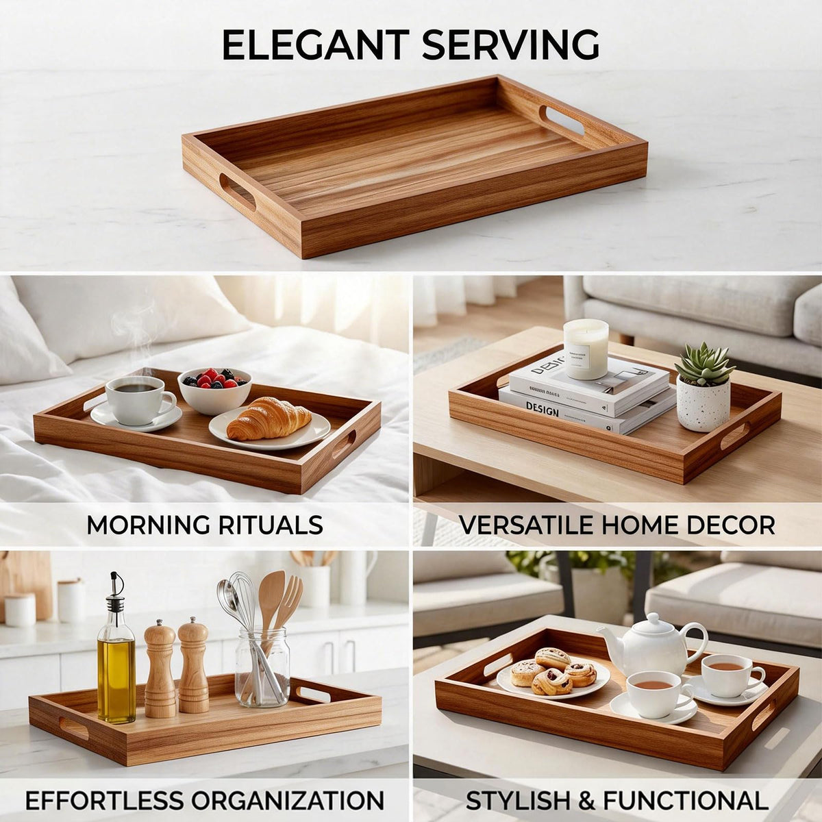 Krismax Wooden Serving Tray with Handles, Rustic Brown Rectangular Serving Platter 15.7x11.4 Inch
