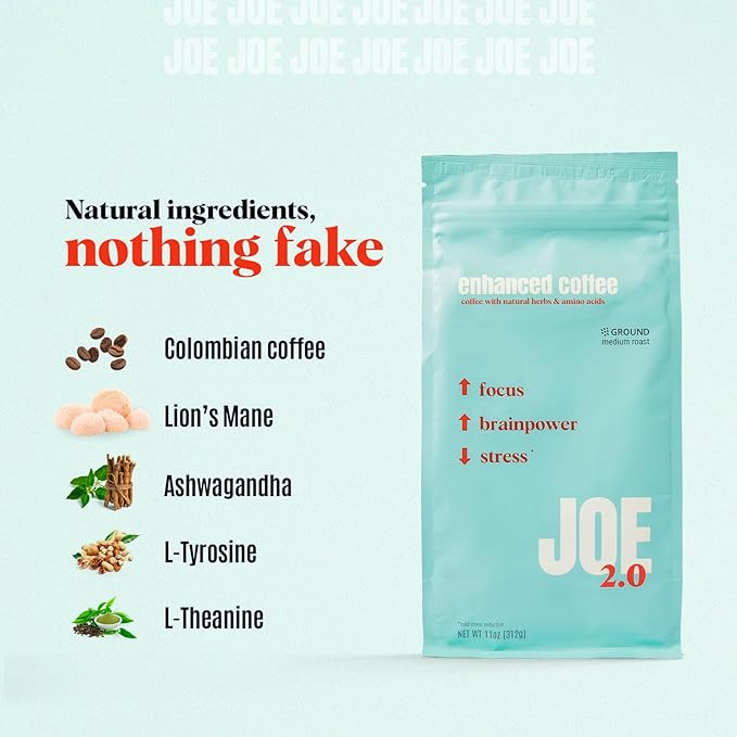 Joe 2.0 - Mushroom Coffee with Lion?™s Mane & Ashwagandha ??Nootropic Ground Coffee for Focus, Calm