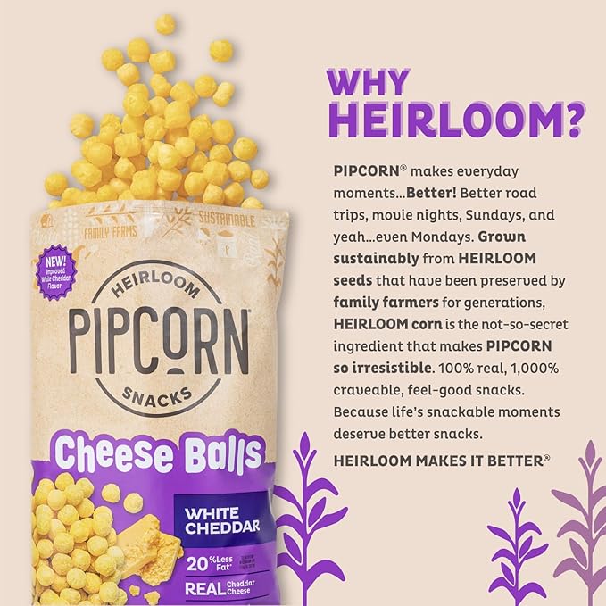 Heirloom White Cheddar Cheese Balls by Pipcorn - 4.5oz 6pk - Healthy Snacks, Gluten Free, Heirloom