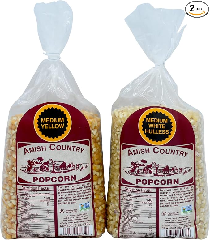 Amish Country Popcorn | 2-2 lb Bags | 2 lb Medium White and 2 lb Medium Yellow Popcorn Kernels